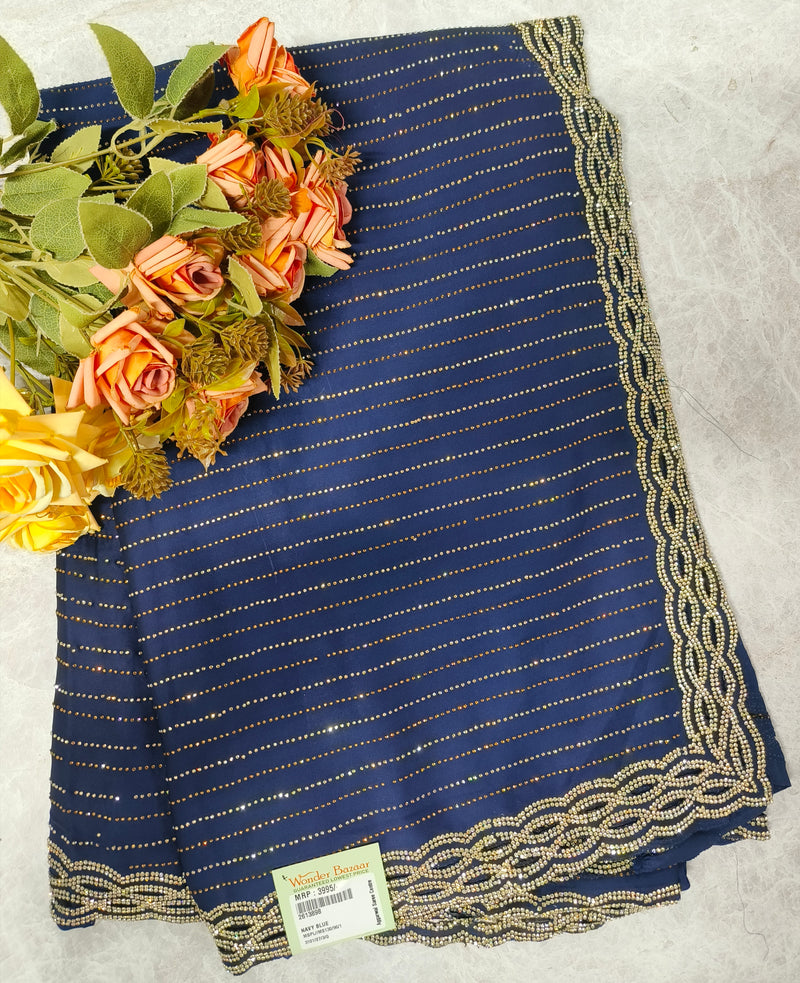 Chic Navy Blue Georgette Saree with Sequin Lines & Embellished Border