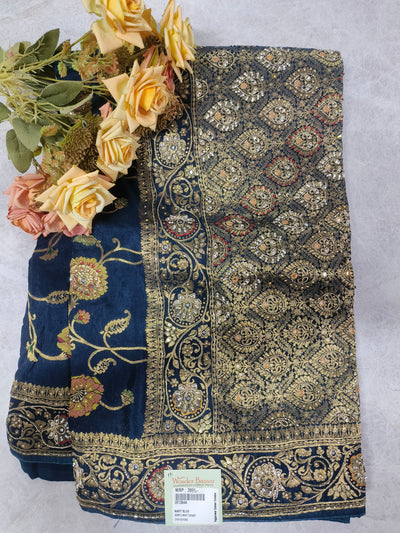 Sophisticated Navy Blue Silk Saree with Royal Gold Sequin Borders