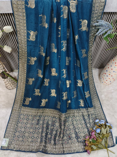 Elegant Teal Blue Silk Saree with Traditional Pichwai Cow Motifs