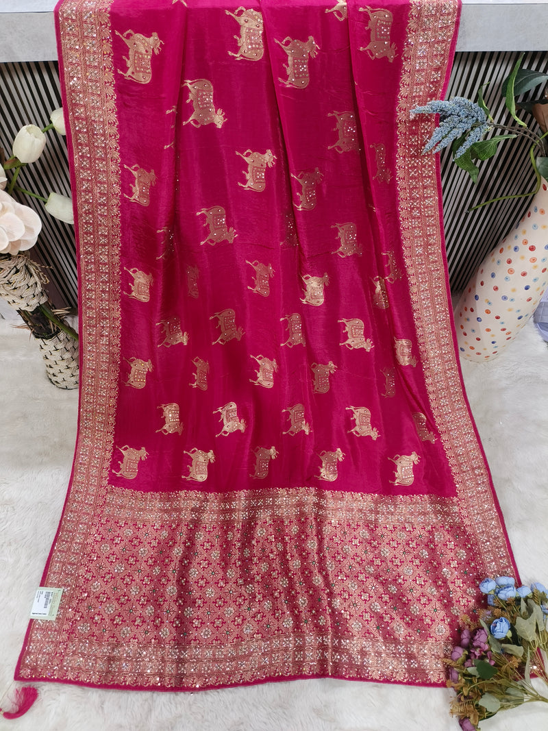 Elegant Teal Blue Silk Saree with Traditional Pichwai Cow Motifs