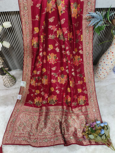 Sophisticated Maroon Silk Saree with Intricate Floral Zari Work