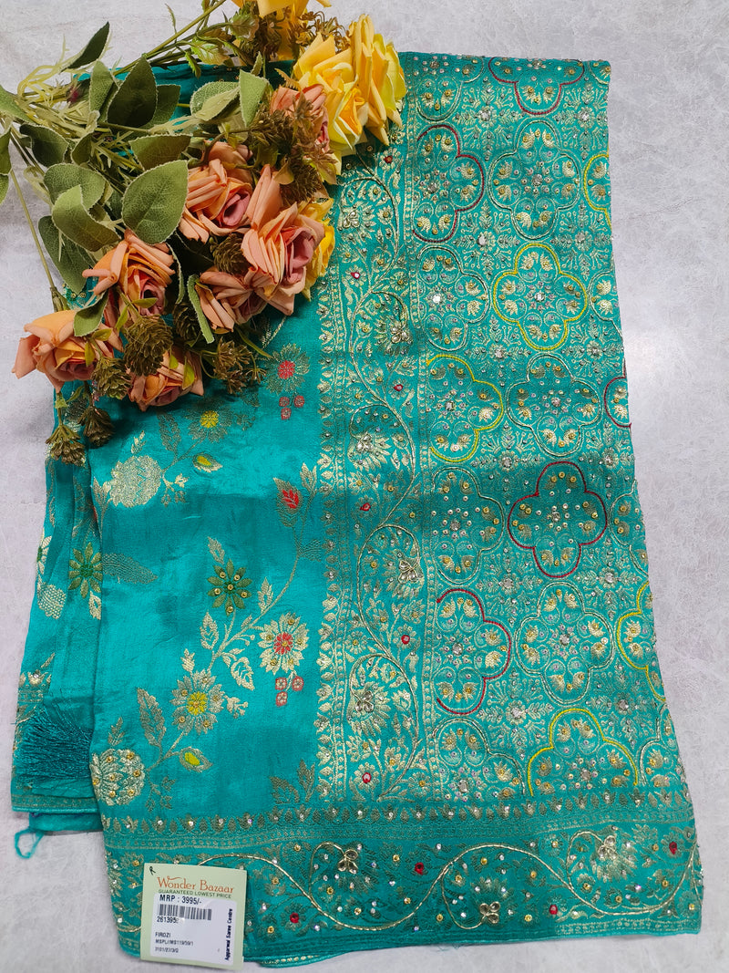 Dazzling Firozi Embroidered Fancy Saree with Golden Embellishments
