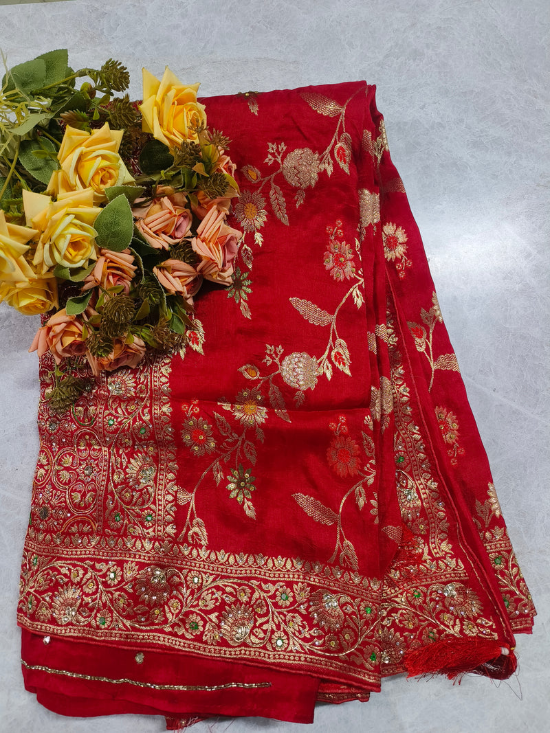 Dazzling Firozi Embroidered Fancy Saree with Golden Embellishments