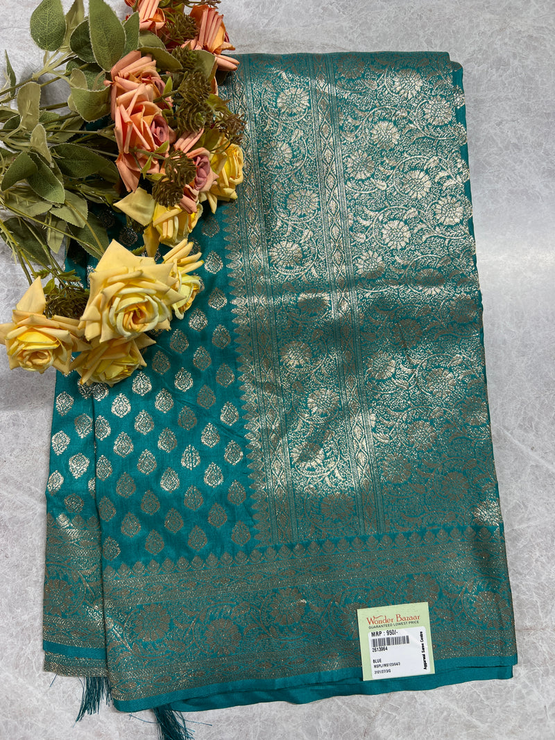 Classic Royal Blue Fancy Saree with Intricate Golden Brocade Work
