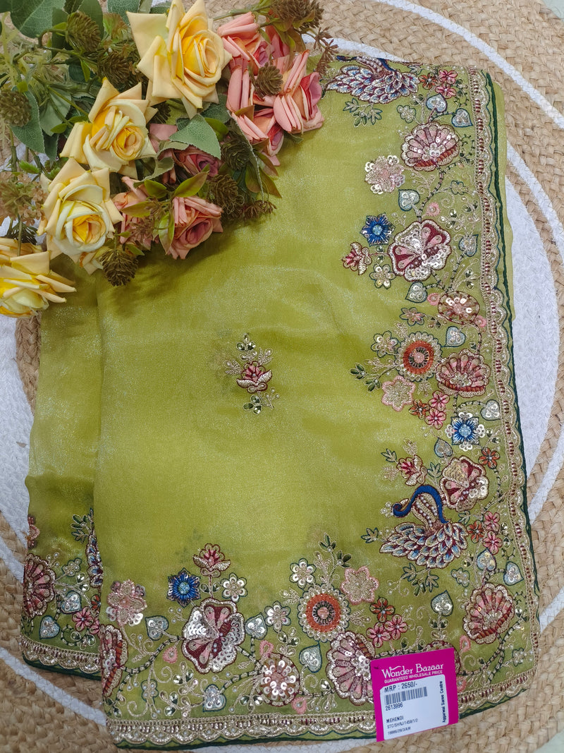 Exquisite Mehendi Green Saree with Multi-color Floral Embroidery