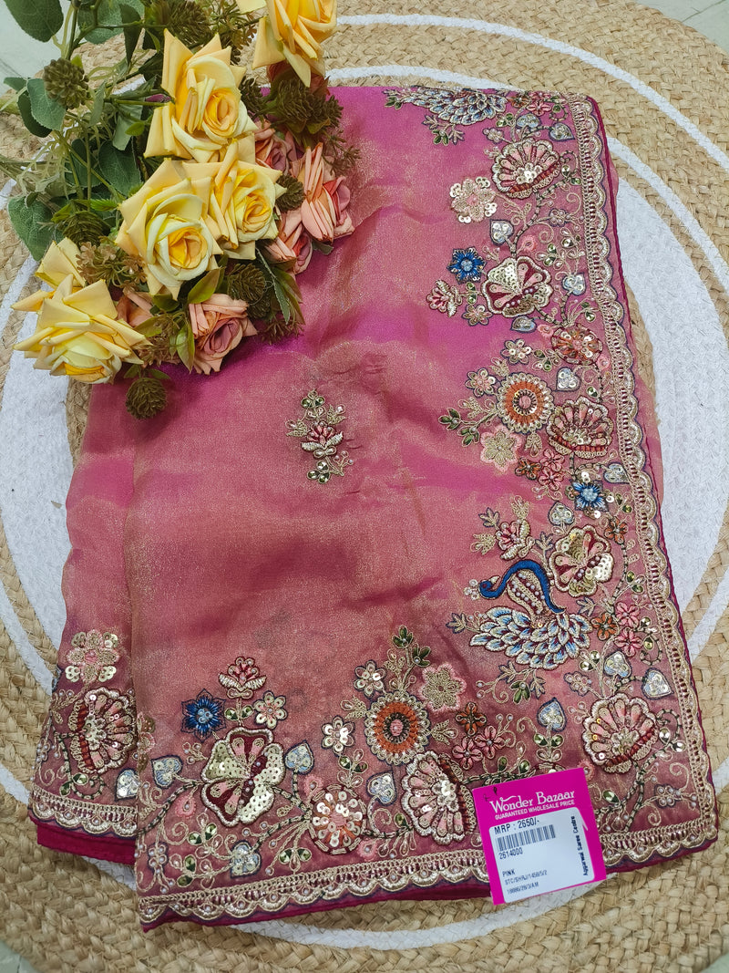 Exquisite Mehendi Green Saree with Multi-color Floral Embroidery