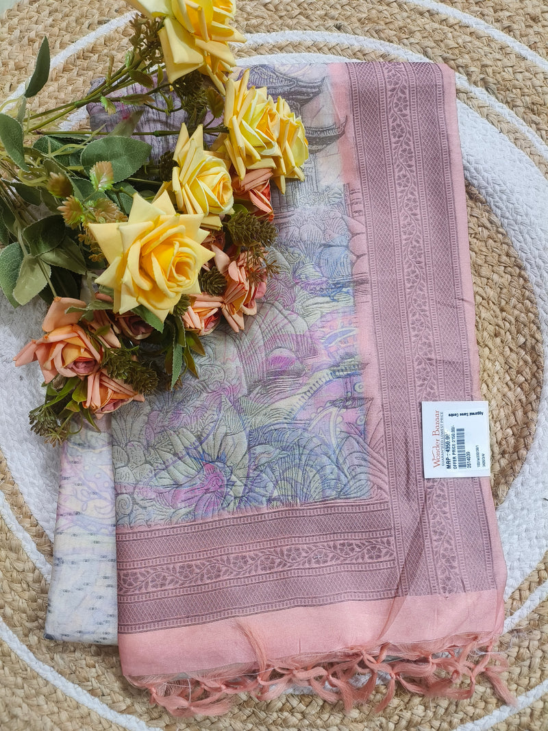 Pretty Pastel Pink Linen Blend Saree with All-Over Floral Prints