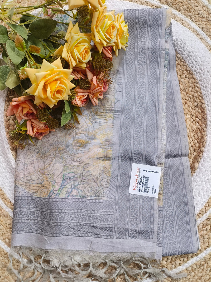 Pretty Pastel Pink Linen Blend Saree with All-Over Floral Prints