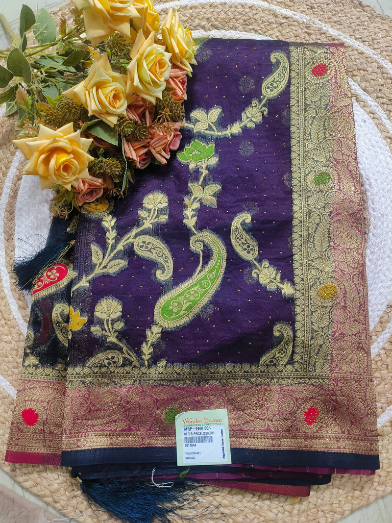 Exquisite Purple Silk Blend Saree with Golden Zari Paisley Motifs