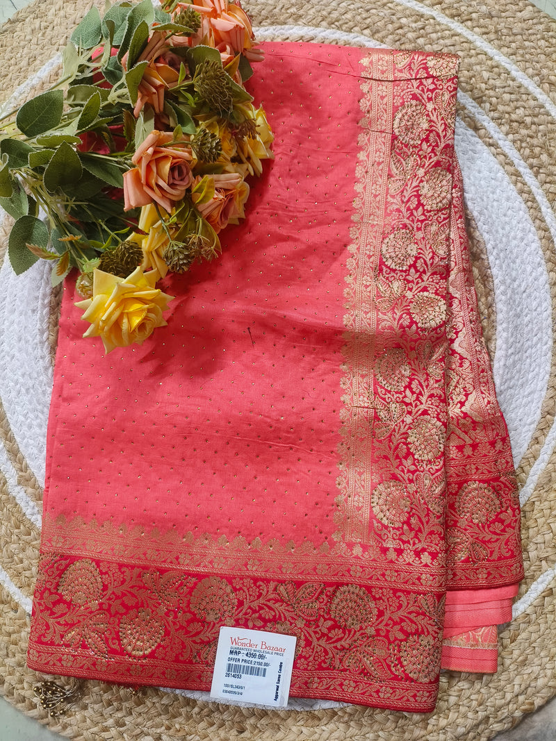 Opulent Coral Pink Silk Blend Saree with Golden Zari Weave & Sequin Dots