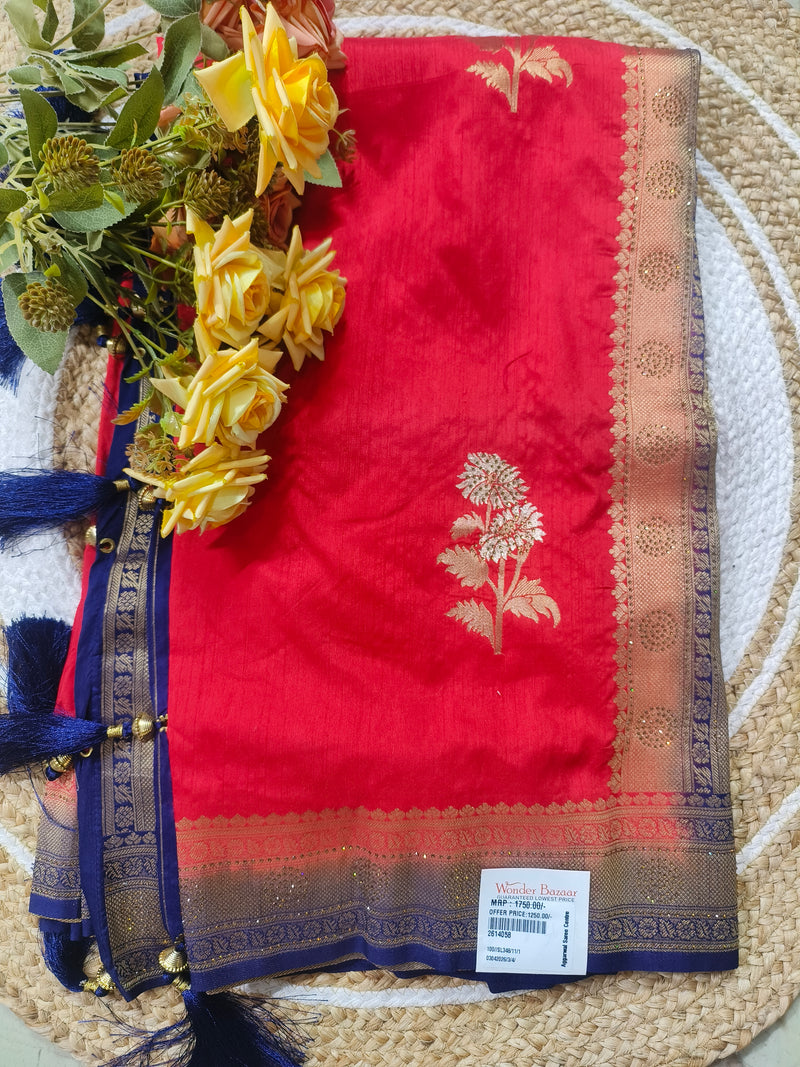 Captivating Red Silk Blend Saree with Navy Blue Zari Border & Floral Motif