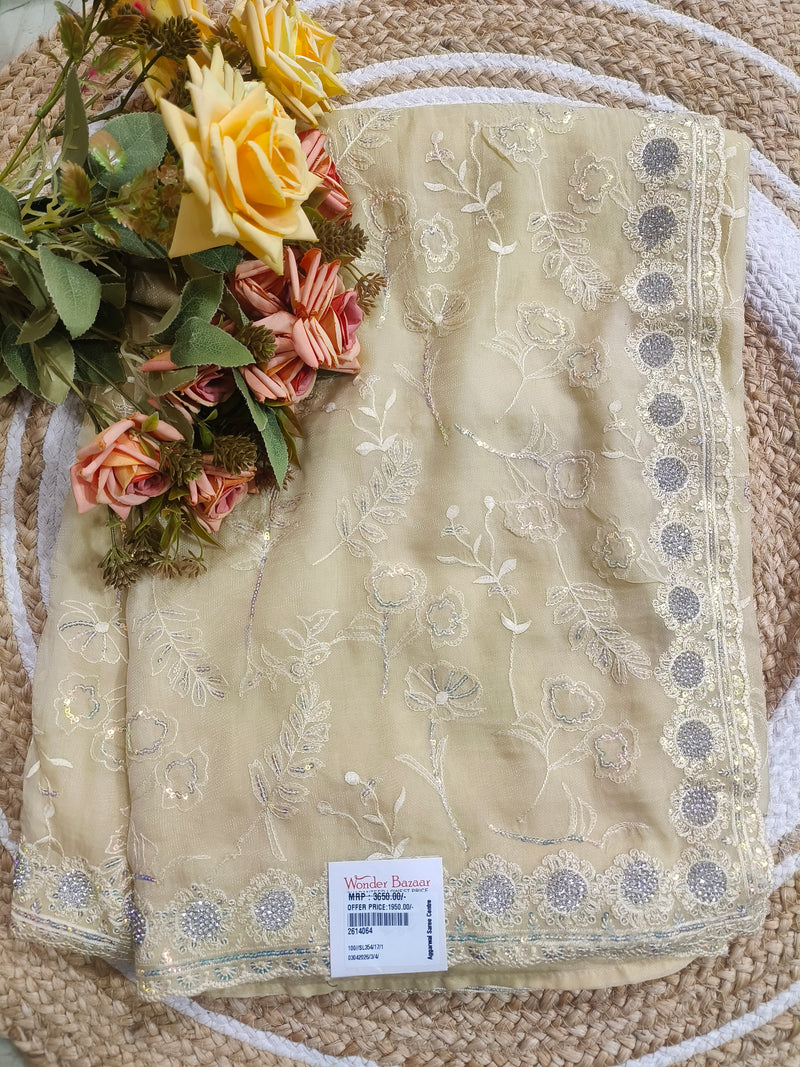 Elegant Cream Floral Embroidered Saree with Zari & Sequin Border