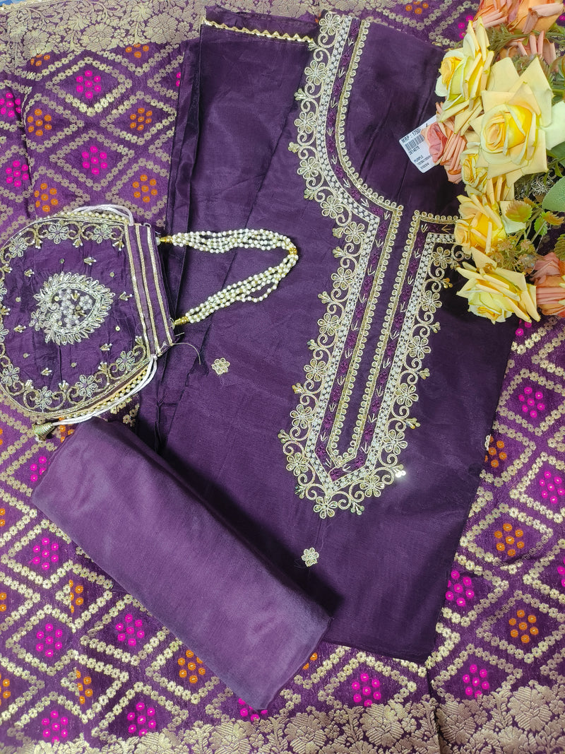 Royal Purple Silk Suit Set with Gold Embroidery and Matching Potli