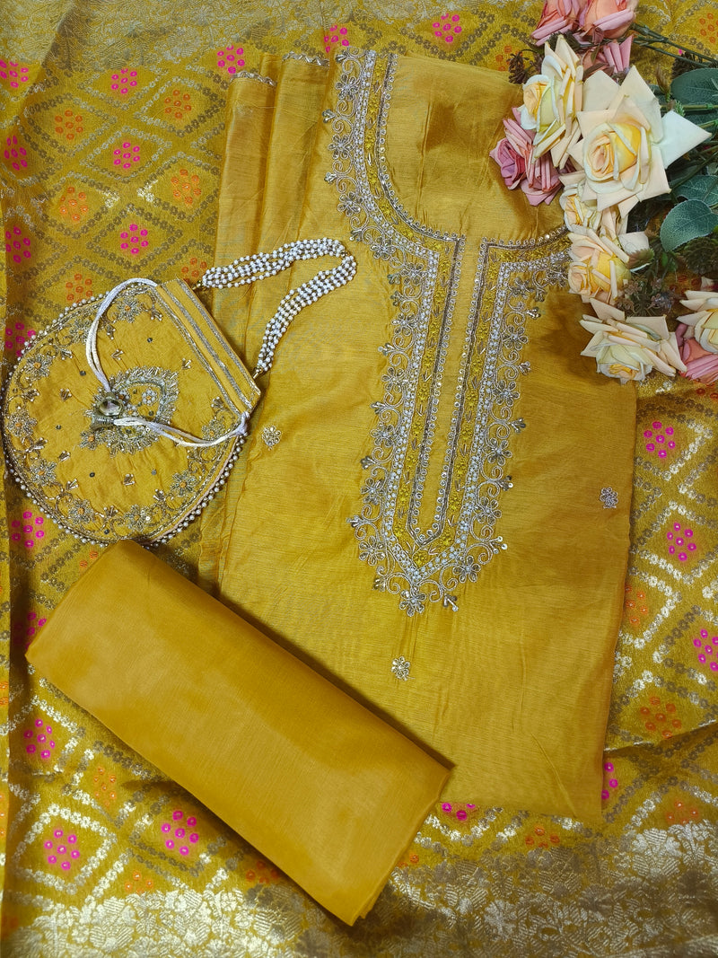 Royal Purple Silk Suit Set with Gold Embroidery and Matching Potli