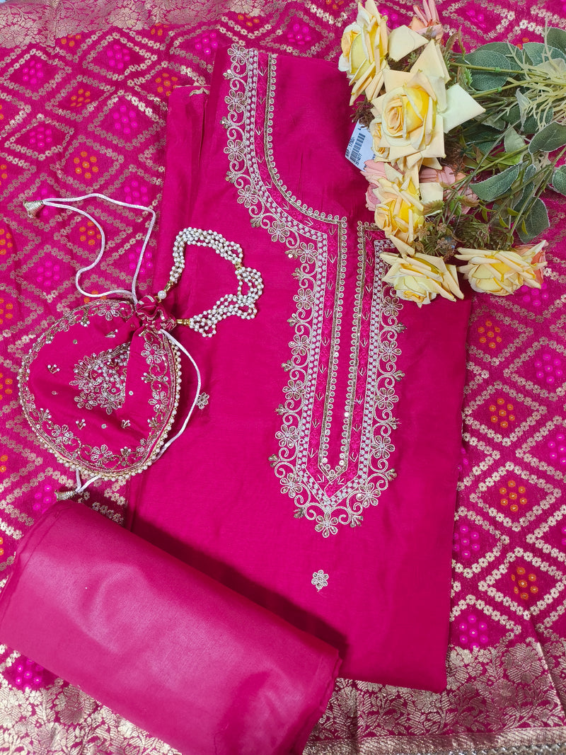 Royal Purple Silk Suit Set with Gold Embroidery and Matching Potli
