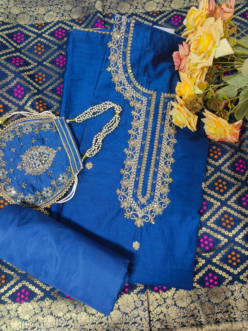 Royal Purple Silk Suit Set with Gold Embroidery and Matching Potli