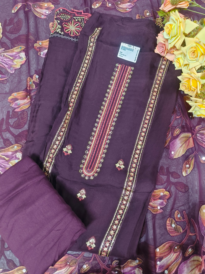 Exquisite Wine Embroidered Silk Suit with Floral Sheer Dupatta