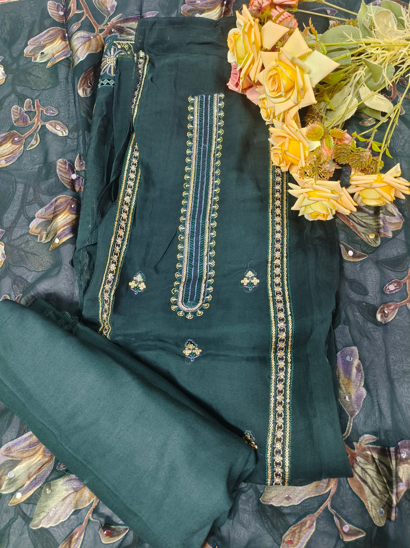 Exquisite Wine Embroidered Silk Suit with Floral Sheer Dupatta