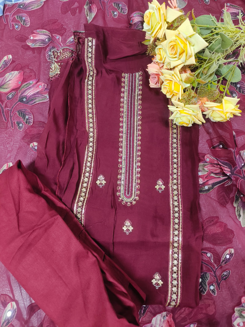 Exquisite Wine Embroidered Silk Suit with Floral Sheer Dupatta