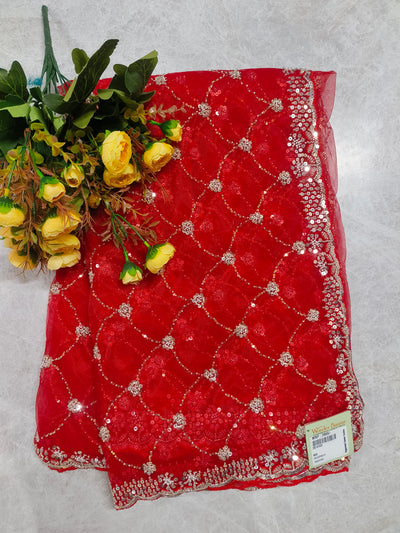 Radiant Red Fancy Net Saree with Exquisite Sequin Work