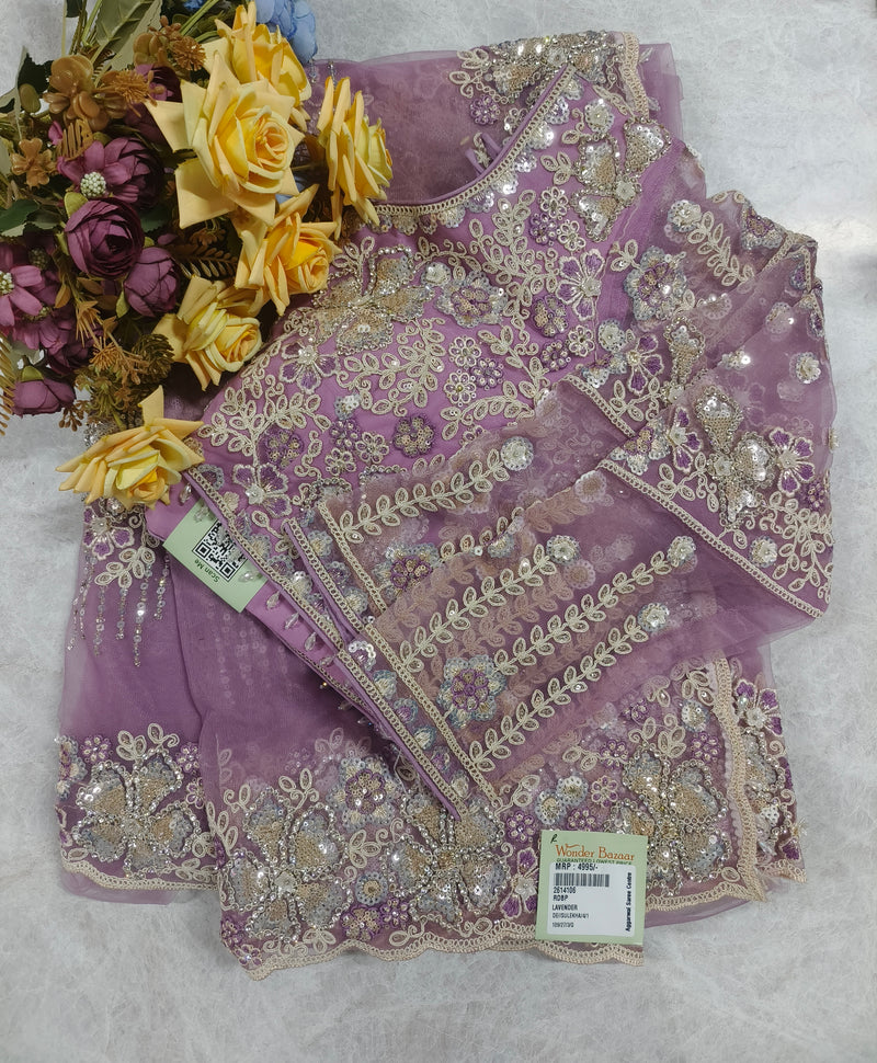 Ethereal Lavender Net Designer Saree with Sparkling Sequin Floral Art