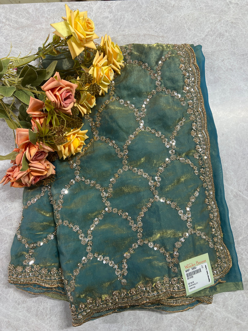 Mehendi Green Sequined Festive Saree with Golden Embellishments