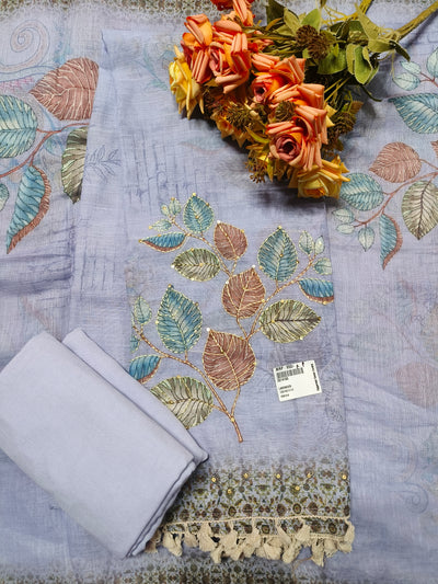 Graceful Lavender Linen Cotton Unstitched Suit with Leaf Embroidery