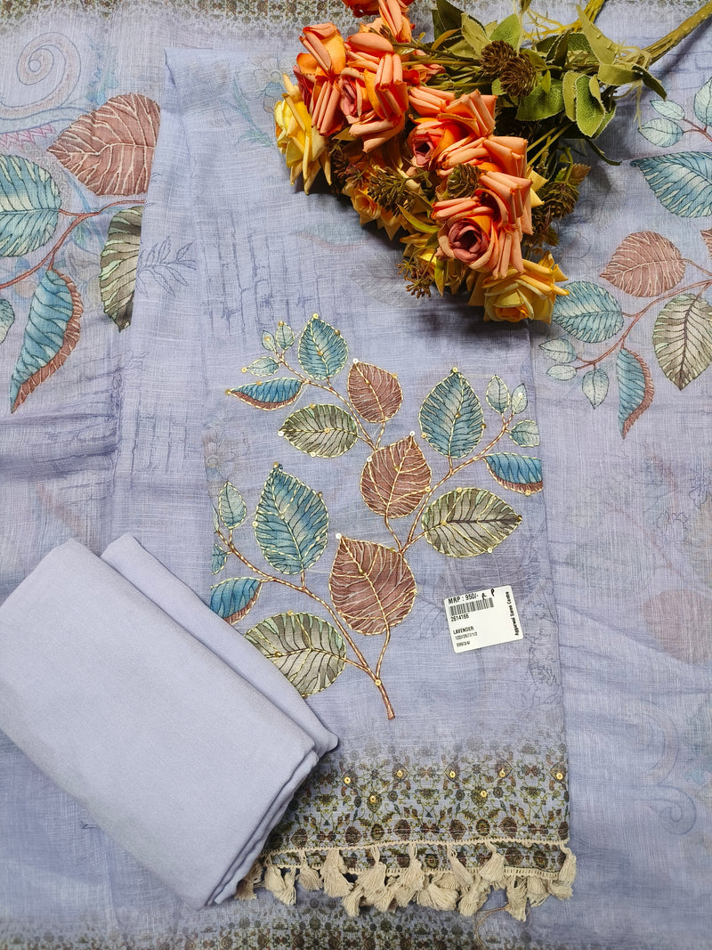 Graceful Lavender Linen Cotton Unstitched Suit with Leaf Embroidery