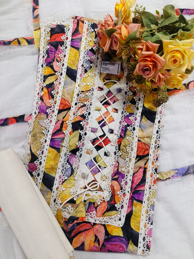 Elegant Multicolour Floral Print Suit with Delicate Lace Detailing