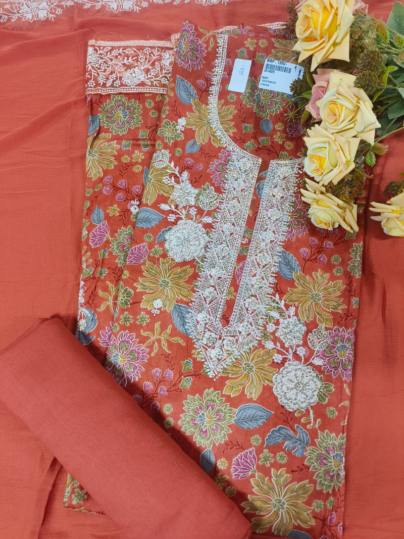Sophisticated Rust Floral Suit with Intricate Silver Embellishments