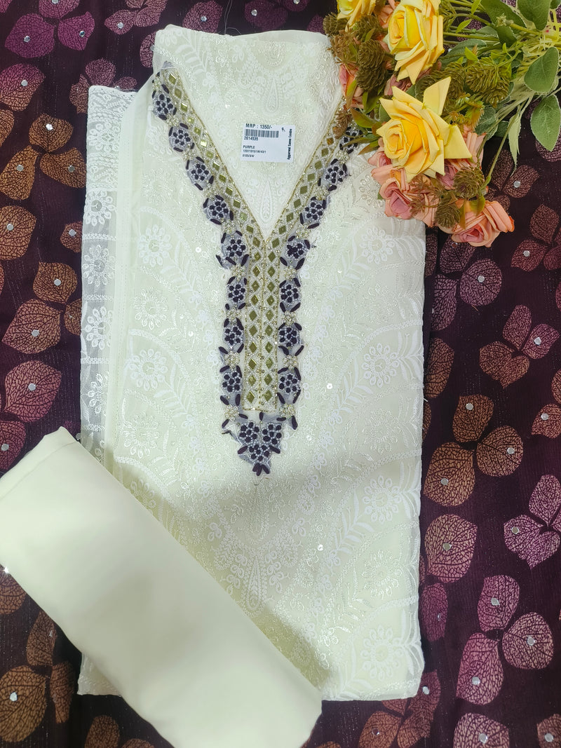 Ivory Floral Suit with Rich Purple Embellished Neckline