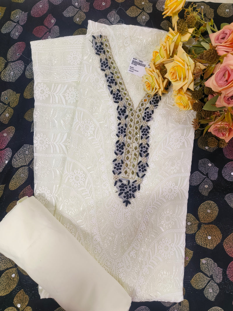Ivory Floral Suit with Rich Purple Embellished Neckline