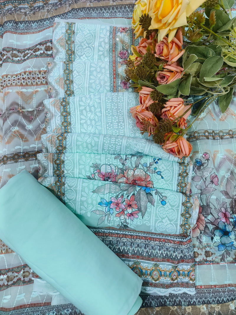 Chic Blue Floral Print Unstitched Suit Set