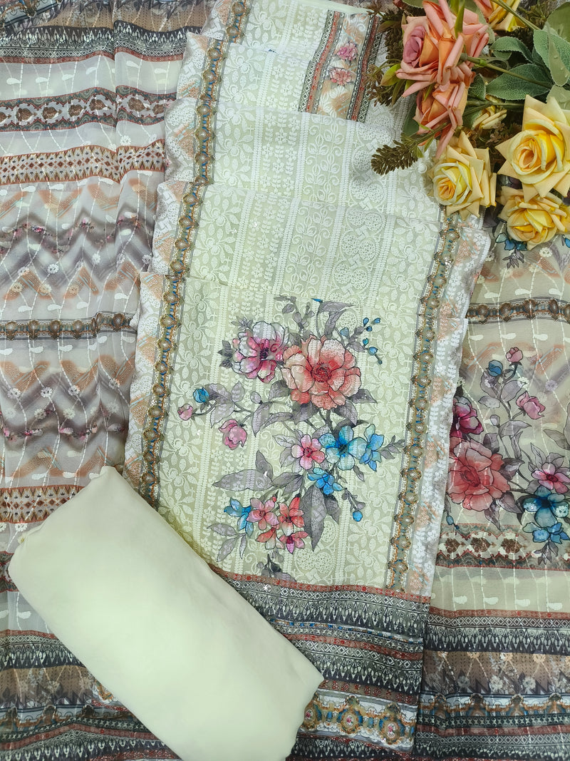 Chic Blue Floral Print Unstitched Suit Set