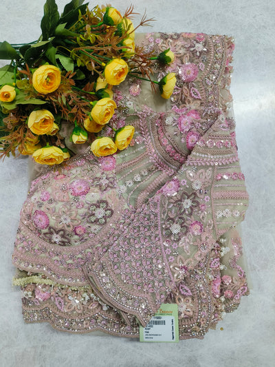 Dreamy Dusty Pink Net Saree with Intricate Floral Embroidery and Pearl Accents