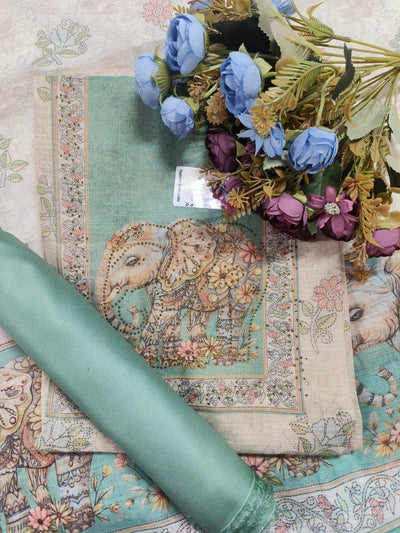 Serene Sea Green Elephant Motif Cross-Stitch Style Linen Suit