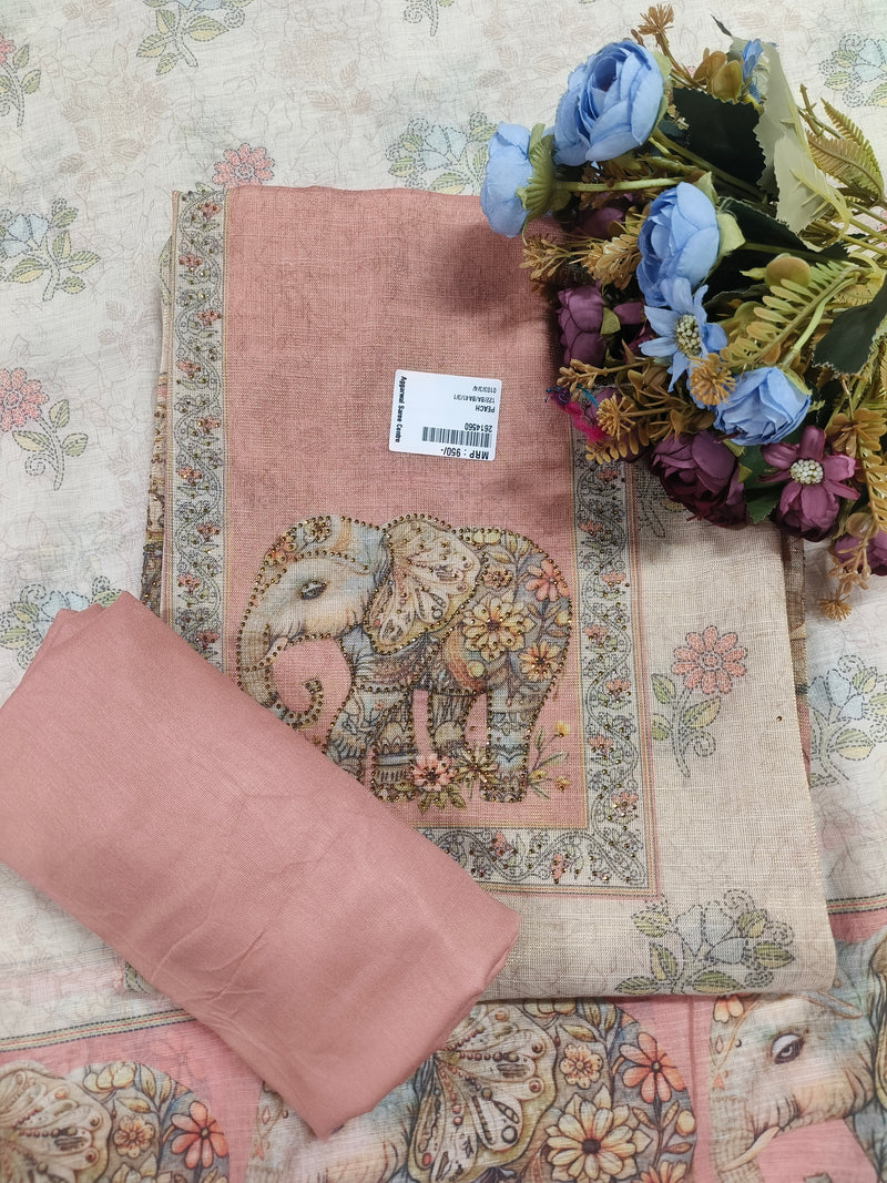 Serene Sea Green Elephant Motif Cross-Stitch Style Linen Suit
