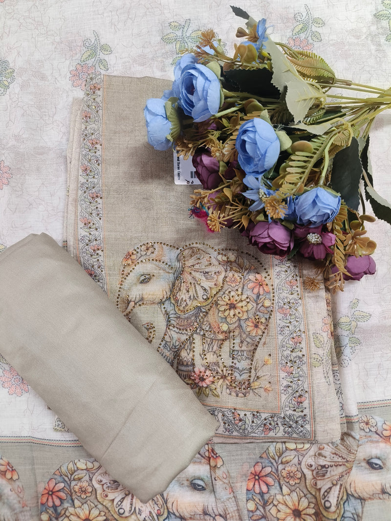 Serene Sea Green Elephant Motif Cross-Stitch Style Linen Suit