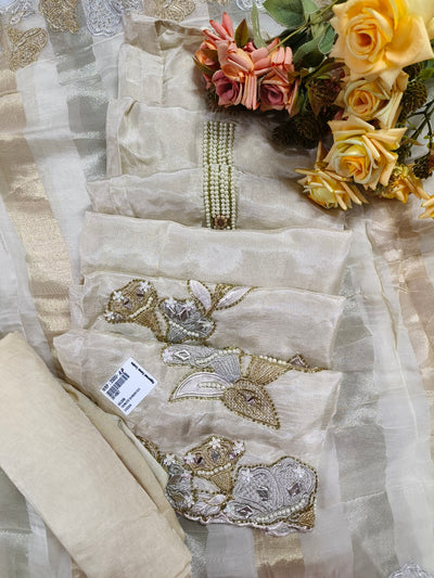 Glamorous Golden Shimmer Suit Set with Hand-Crafted Pearl and Sequin Art