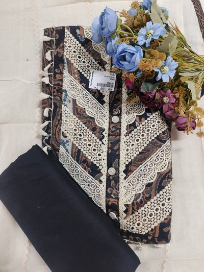 Sophisticated Black Printed Suit with Intricate Lace Detailing