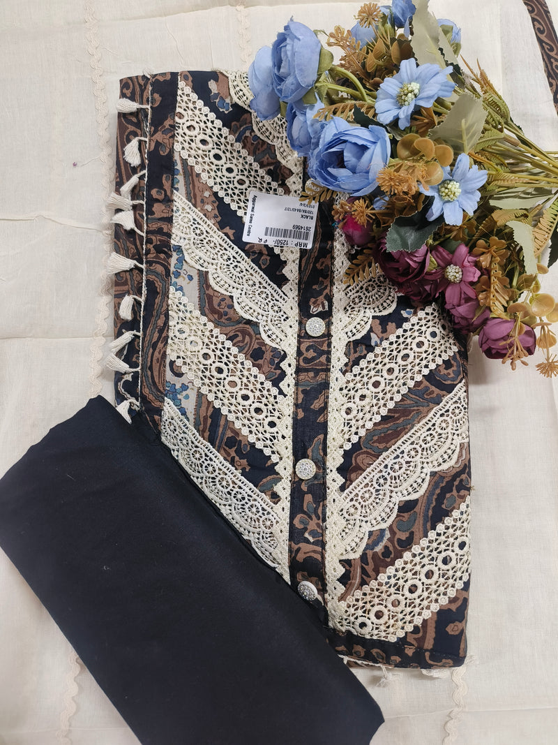 Sophisticated Black Printed Suit with Intricate Lace Detailing