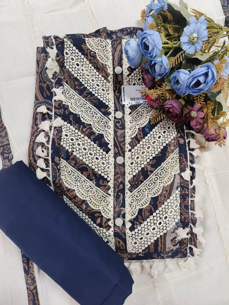 Sophisticated Black Printed Suit with Intricate Lace Detailing