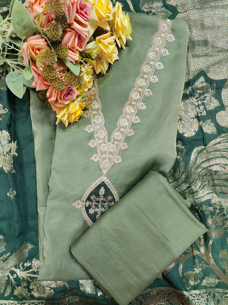 Elegant Sage Green Salwar Suit with Intricate Sequin Neckline & Border