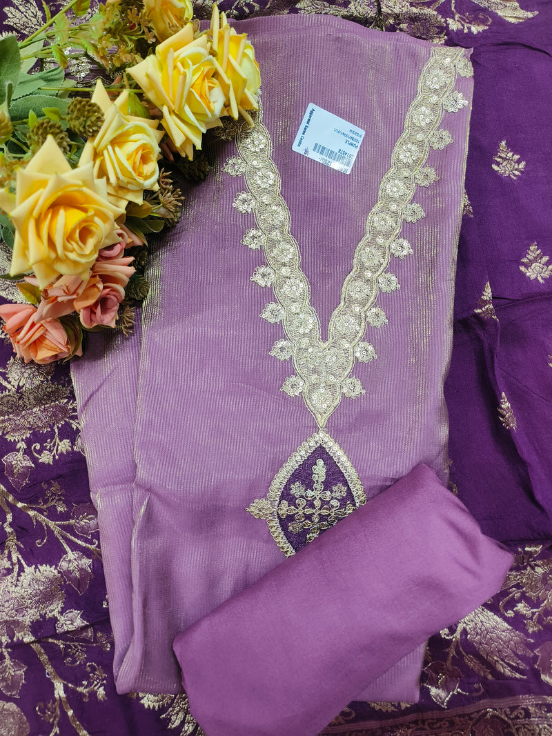 Elegant Sage Green Salwar Suit with Intricate Sequin Neckline & Border