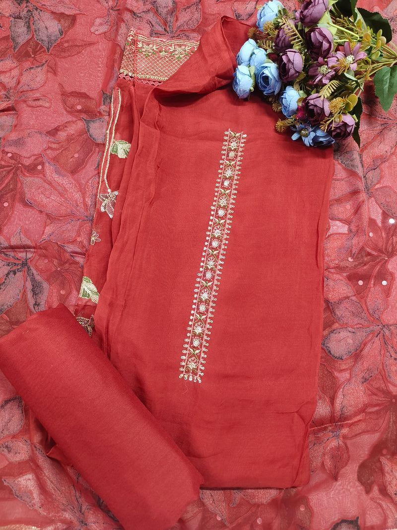 Mehendi Green Minimalist Embroidered Unstitched Chanderi Suit