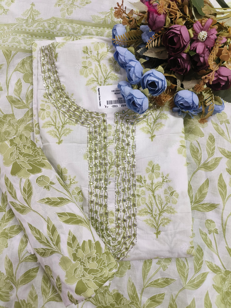 Pristine White and Light Green Leaf Print Cotton Suit with Mirror Work