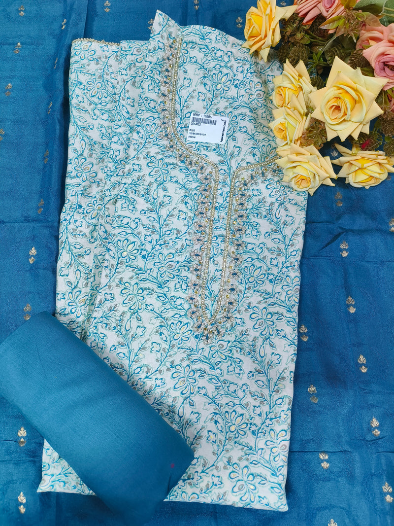 Soothing Blue Floral Print & Sequined Ethnic Suit Set