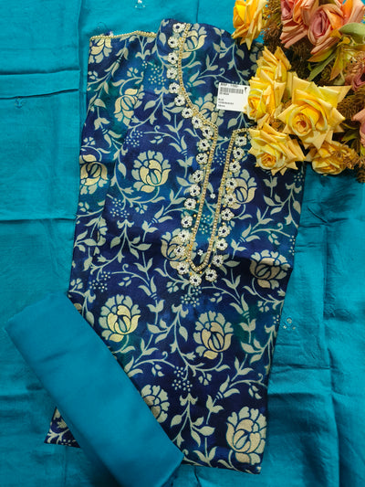 Regal Blue Fancy Floral Brocade Unstitched Suit