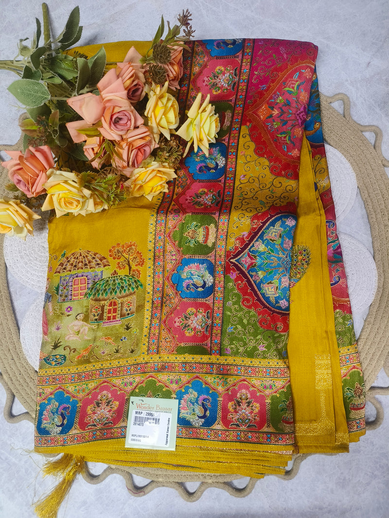 Vibrant Mustard Yellow Ethnic Art Saree with Traditional Motif Borders