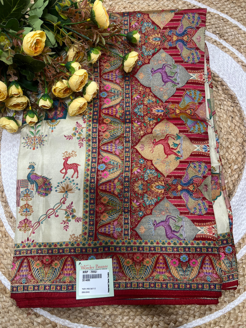 Ivory & Maroon Banarasi Silk Saree with Majestic Animal & Bird Motifs
